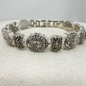 Balinese Style Ornate Dot Work Link Bracelet Vintage Boho Statement Silver Tone
